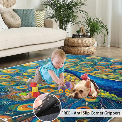 Peacock Area Rug 5x6-5x6 Rug, Wonderful Peacock Rugs for Living Room, Teal Turquoise Carpet, Peafowl Washable Area Rugs for Bedroom, Aesthetics Carpet - Peafowl Home Decor & Gifts