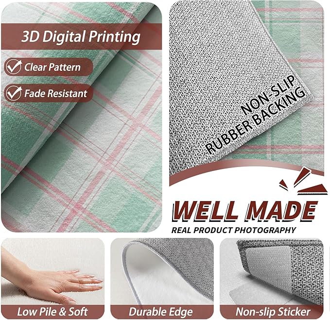 Plaid Rugs for Living Room - 5x6ft - Mint Green Tartan Gingham Rug for Bedroom Non Slip Low Pile Machine Washable Area Rugs, Plaid Carpets House Decor & Gifts
