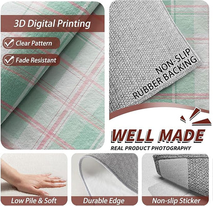 Plaid Large Area Rug - 7x10 Rug - Mint Green Tartan Gingham Rugs for Living Room Non Slip Low Pile Machine Washable Area Rugs, Plaid Carpets Home Decor & Gifts