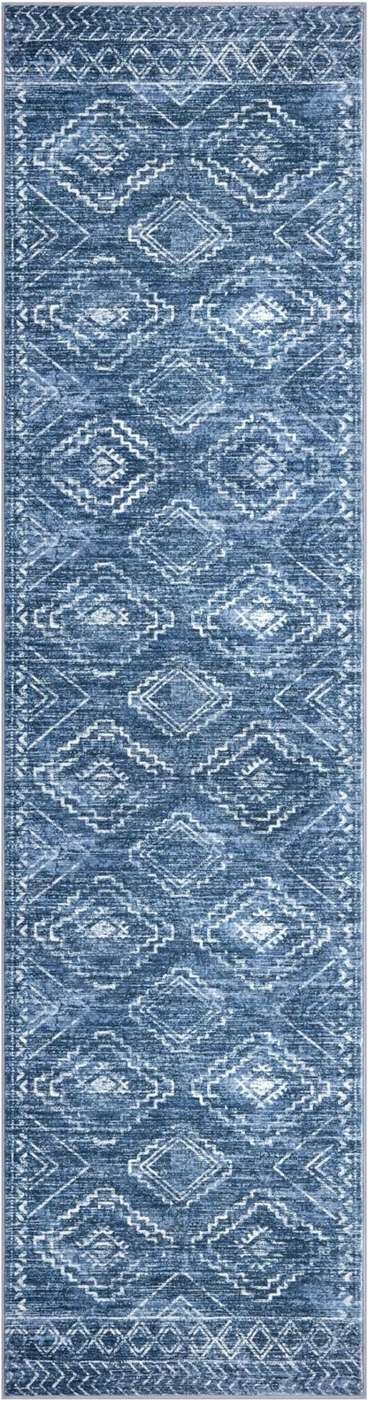 KILOCOCO Hallway Runner Rug 3'x12' Runners for Hallways Washable Runner Rug Soft Non Slip Printed Geometric Runner Low-Pile Rug Runner for Bedroom Kitchen Living Room, Stonewashed Blue