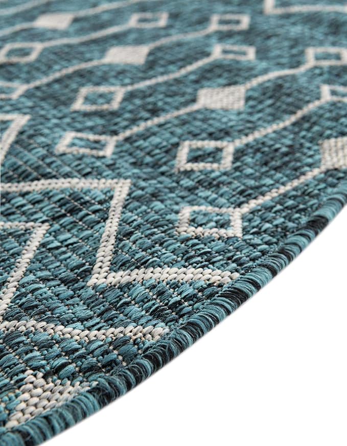 Unique Loom Outdoor Trellis Collection Area Rug - Tribal Trellis (10' Round Teal/Ivory)