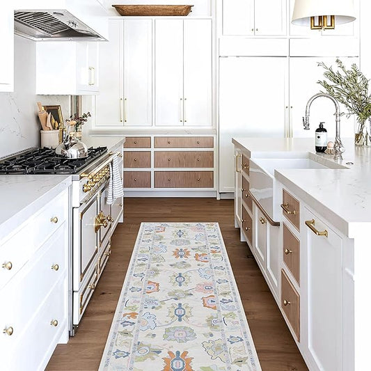 Fame Living Cream Oushak Rug, Modern Rugs, Vintage, Turkish, Eclectic, Floral, Pastel, Washable, Small Throw, Accent Area Rug for Living Room, Bedroom, Kitchen, Bathroom, 2'5"x4'9"