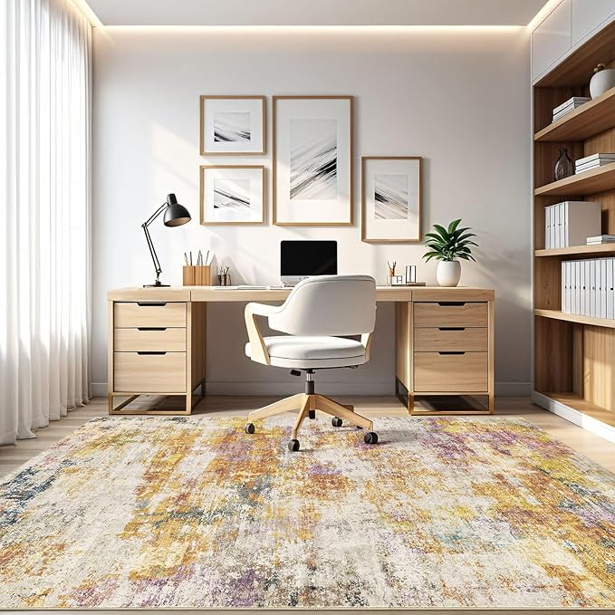 6x9 Area Rugs Living Room: Washable Large Abstract Modern Soft Stain Resistant Indoor Floor Rugs Non Slip Accent Carpet for Bedroom Nursery Playroom Office Dining Room Dorm Home House- Gold Colorful