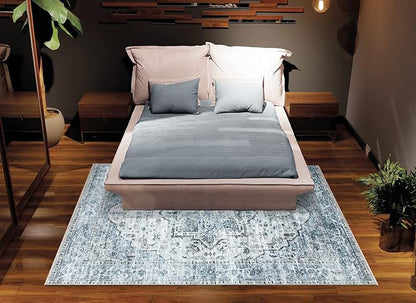 Bloom Rugs Washable Non-Slip 2x3 Rug - Ivory/Blue/Gray Traditional Oriental Area Rug for Living Room, Bedroom, Dining Room, and Kitchen - Exact Size: 2' x 3'