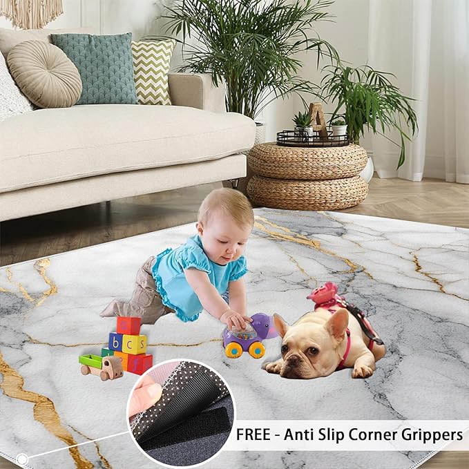 3x4 Abstract Marble Rugs for Entryway - White-Marble Kids Bedroom Rug, Modern Luxury Mudroom Rug Soft for Coffee Shop Living Room Under Table Game Room