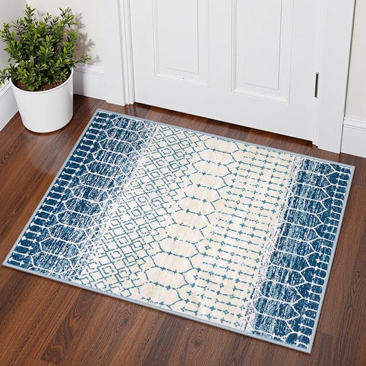 Lahome Moroccan Entryway Rugs Indoor 2x3 Area Rug Blue Non-Slip Backing Washable Indoor Mats for Entryway Low-Profile Throw Soft Rugs for Bathroom, Geometric Print Door Rug for Kitchen Bedside