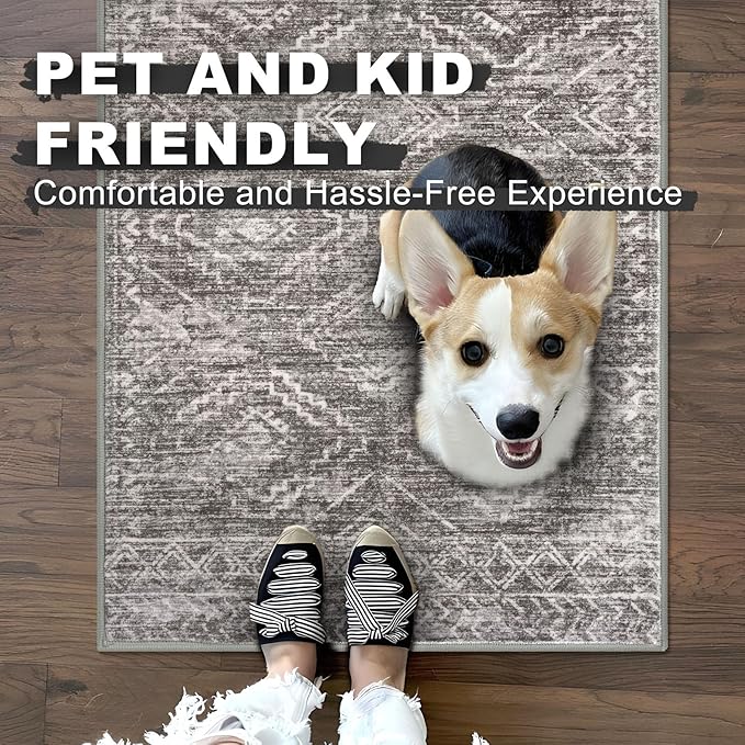 KILOCOCO Boho Kitchen Runner Rug 2x6 Washable Runner Rug, Soft Runners for Hallways Non Slip Printed Distressed Laundry Room Rug, Low-Pile Rug for Entryway/Bedroom/Living Room, Taupe