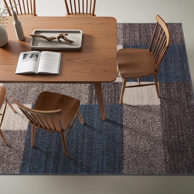 Rugshop Contemporary Blue Geometric Boxes Non-Slip Area Rug Non-Shedding for Living Room, Dining Room and Office, 5'3" x 7'3"