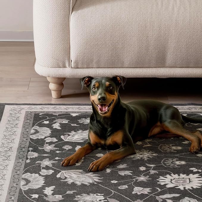 EVERGRACE Area Rugs for Living Room 4x6, Boho Floral Faux Wool Indoor Outdoor Rugs, Washable Rugs for Bedroom Entryway Dining Room Hallyway, Low Pile Floor Mat Carpet for Home Decor, Ebony Black