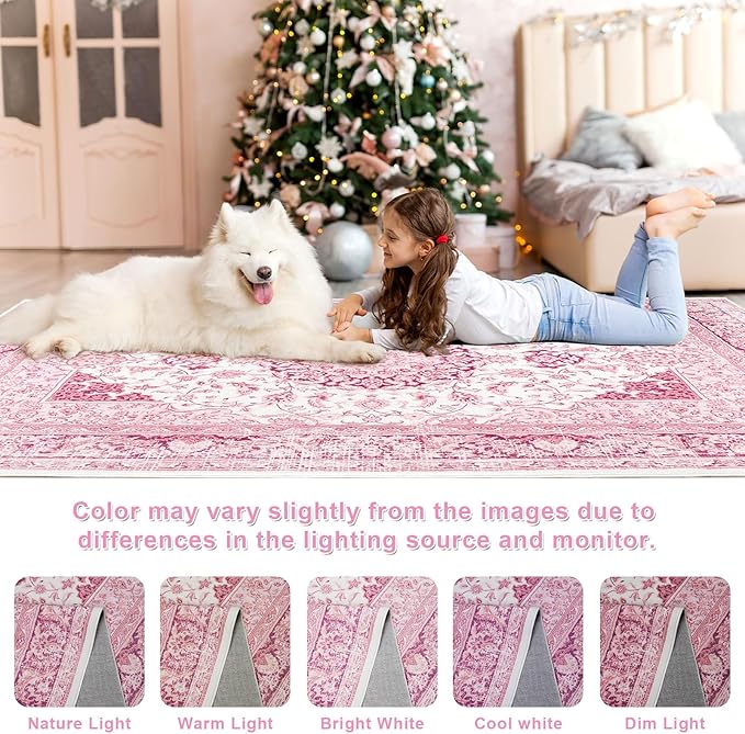 Bright Pink Area Rug for Girls Bedroom, 4x6 Machine Washable Rugs with Non-Slip Backing for Living Room, Cute Vintage Carpet for Kitchen Laundry Kids Room
