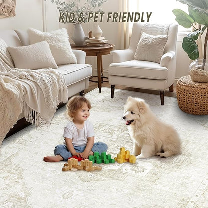 8x10 Area Rugs Washable Rugs for Living Room, Large Vintage Boho Rug Non-Slip Soft Floral Distressed Rug Low Pile Stain Resistant Carpet for Bedroom Nursery Office Dining Room Farmhouse(Beige, 8'x10')