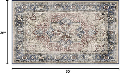 RUGGABLE Washable Vintage Area Rug – Kamran Royal Blue 3x5, Stain-Resistant, Non-Slip – Small Machine Washable Rugs for Living Room, Bedroom, Hallway, Entryway & Office–with Standard Pad