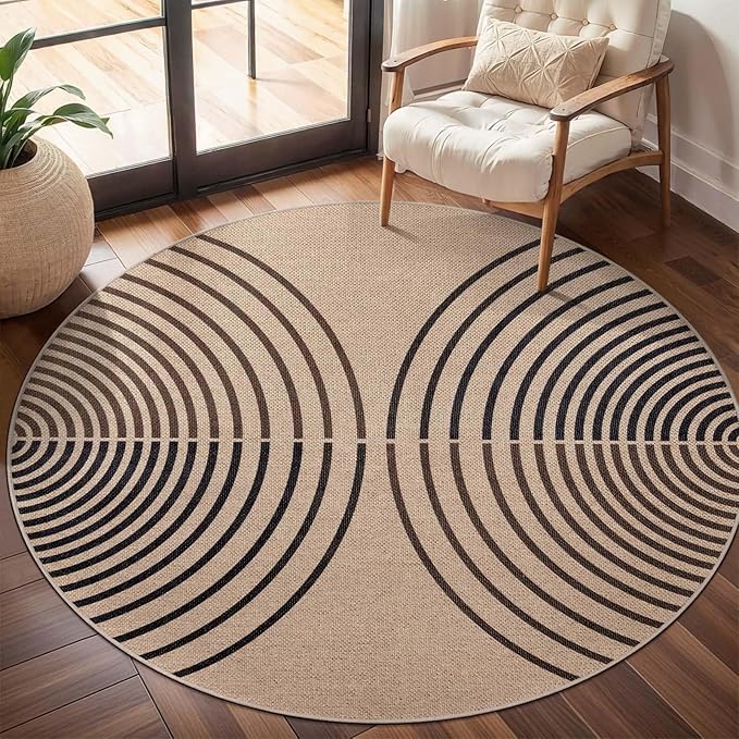Tangsoo Modern Rainbow Round Rug 4ft Easy Jute Washable Rugs Ultra Thin Dark Brown Indoor Outdoor Rug Circle Farmhouse Mat Non Slip Round Carpet for Bedroom Kitchen Entryway Patio