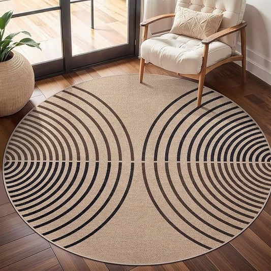 Tangsoo Modern Rainbow Round Rug 4ft Easy Jute Washable Rugs Ultra Thin Dark Brown Indoor Outdoor Rug Circle Farmhouse Mat Non Slip Round Carpet for Bedroom Kitchen Entryway Patio