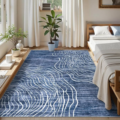 LIVEBOX Modern Abstract 5x7 Area Rugs for Living Room, Navy Blue Washable Rugs for Bedroom, Non-Slip Minimalist Neutral Wave Striped Rugs for Playroom Nursery Boys, Throw Rug Carpet for Dining Room