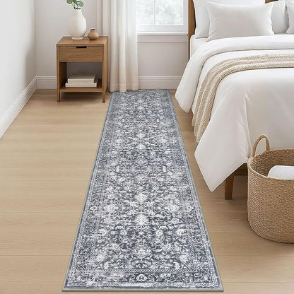 KILOCOCO Hallway Runner 2x8 Rug Runner Printed Vintage Floral Washable Kitchen Runners Non-Slip Rubber Backed Runners for Hallways Laundry Room Distressed Boho Rugs for Entryway Bedroom, Grey