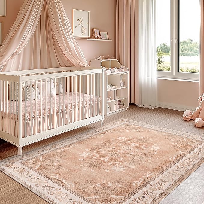 jinchan Vintage Floral 3x5 Area Rugs for Entryway - Machine Washable Distressed Design Ultra-Thin Low-Pile Soft Non-Shedding Carpet for Kitchen Bedroom Entrance Laundry Living Room (3x5ft, Coral Pink)
