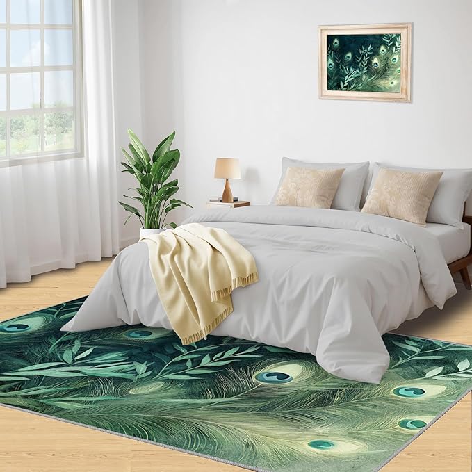 Peacock Feather Rugs for Living Room - 8x10 Rug, Peacock Decor Area Rugs for Bedroom, Teal Turquoise Rug, Plant Washable Carpet, Malachite Green Feather Carpet - Peafowl Home Decor & Gifts