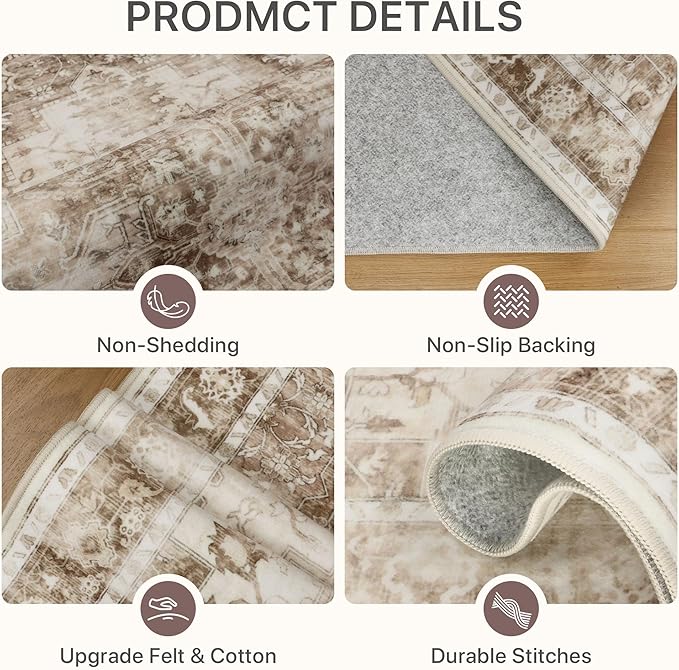 3x5 Area Rugs for Living Room, Machine Washable Non Slip Vintage Rugs, Low Pile Lightweight Print Rug for Bedroom, Dining Room, Home Office, Latte Beige
