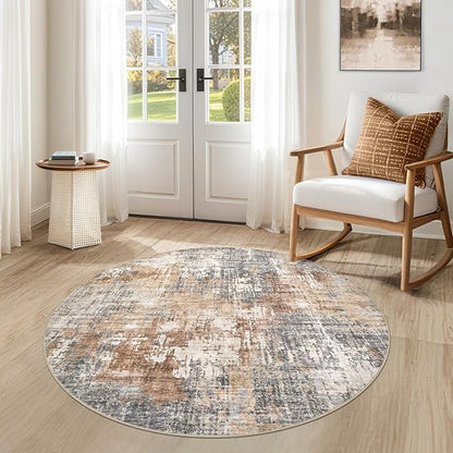 4ft Round Area Rug Living Room Rugs - 4x4 Washable Large Soft Indoor Neutral Modern Abstract Low Pile Rug Carpet for Bedroom Dining Room Farmhouse Home Office - Grey Brown