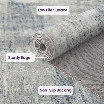 DEXI 9x12 Area Rug for Living Room, Modern Abstract Thin Washable Rug Indoor Floor, Non Slip Stain Resistant Low Pile Carpet for Dining Room Bedroom Office, Blue