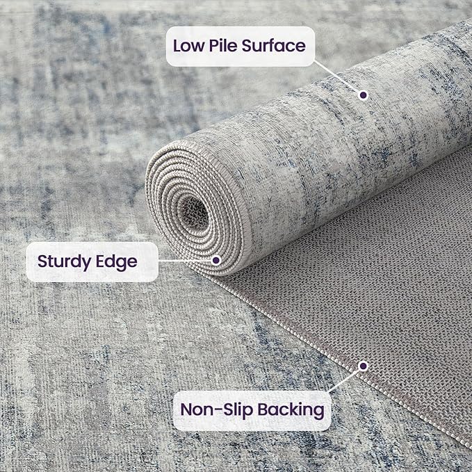 DEXI 5x8 Area Rug for Living Room, Modern Abstract Thin Washable Rug Indoor Floor, Non Slip Stain Resistant Low Pile Carpet for Dining Room Bedroom Office, Blue
