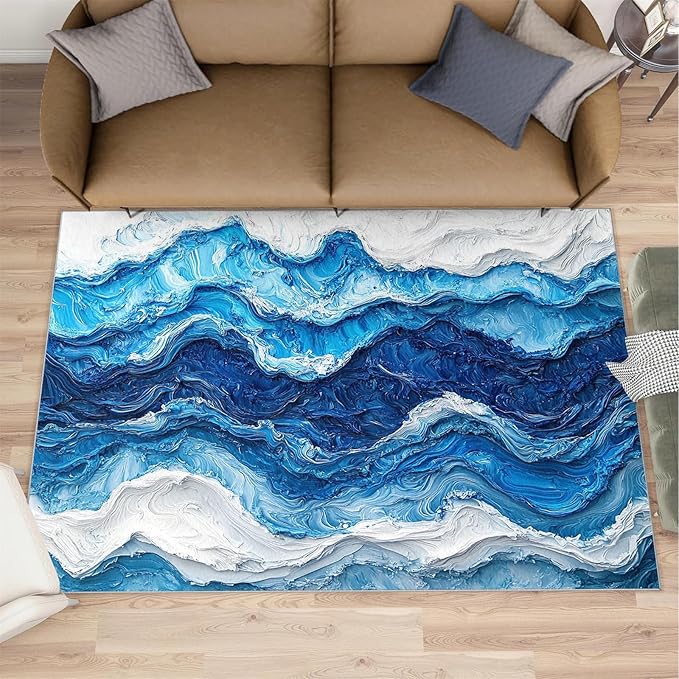 8x10 Ocean Waves Rugs for Living Room - Abstract Waves Large Area Rug, Abstract Art Modern Boy Nursery Rug Soft Washable for Classroom Office Bedroom Kids Room