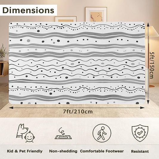 Modern Gray Lines Washable Living Room Area Rug, Low Profile Abstract Pattern, Non-Slip Backing Carpet for Kitchen, Bedroom, Dining Room