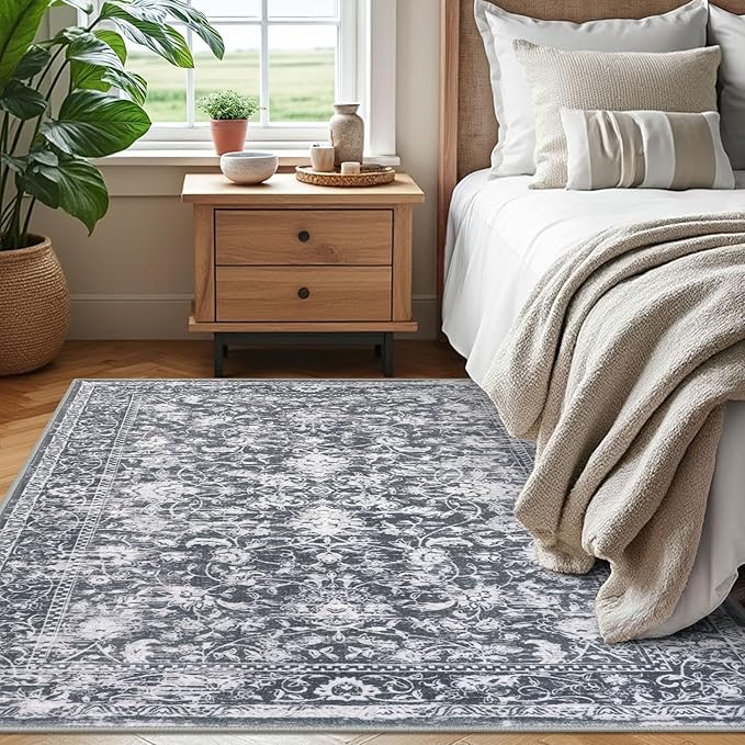KILOCOCO Area Rug 4x6 Entryway Rug Washable Printed Vintage Floral Rubber Backed Non Slip Indoor Kitchen Rugs for Laundry Room Playroom Bedroom Living Room Moroccan Area Rugs, Grey