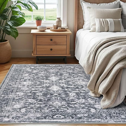KILOCOCO Area Rug 4x6 Entryway Rug Washable Printed Vintage Floral Rubber Backed Non Slip Indoor Kitchen Rugs for Laundry Room Playroom Bedroom Living Room Moroccan Area Rugs, Grey