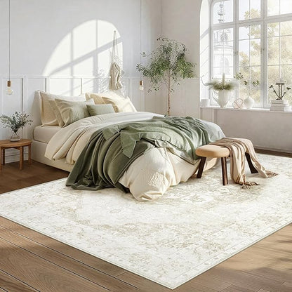 6x9 Area Rugs Washable Rugs for Living Room, Vintage Boho Rug Non-Slip Soft Floral Distressed Rug Low Pile Stain Resistant Carpet for Bedroom Nursery Office Dining Room Farmhouse Dorm(Beige, 6'x9')