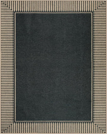 Moynesa Striped Border Easy Jute Outdoor Rug 8x10, Washable Indoor Outdoor Patio Area Rugs for Living Room Non Slip, Modern Classic Farmhouse Carpet for Dining Room Table, Black