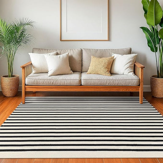 KOZYFLY Black and Beige Striped Rug 4x6 Ft Area Rug Washable Indoor Outdoor Rug Cotton Door Mat for Double Front Door Entryway Patio Porch Living Room Carpet