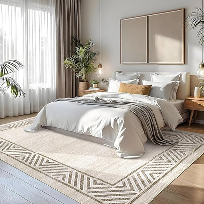 GarveeHome Modern Rugs for Living Room 8x10 Large Bordered Floor Mats with Non-Slip Backing, Stain-Resistant Bedroom Carpet, Foldable Geometric Indoor Rug for Dining Room, Kitchen, Beige