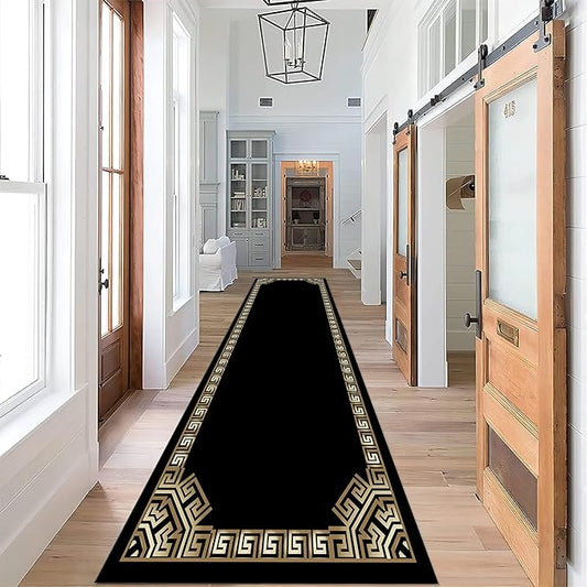 Greek Key Runner Rug for Entryway, 2x10ft, Black Gold Geometric Border Area Rugs for Bedroom, Meander Pattern Fade Resistant Home Decor Carpet, Soft Reduce Noise Entry Mat for Kitchen