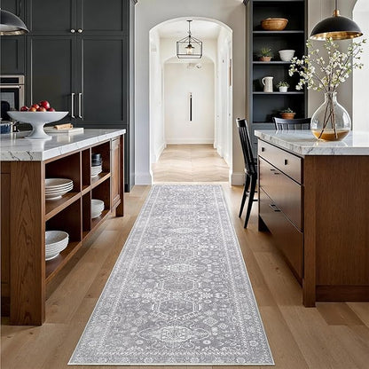 Bavni Washable Runner Rug 2’6”x10, Non Slip Vintage Hallway Runner, Ultra Thin Low Pile Washable Carpet for Kitchen Entryway Bedroom, Grey