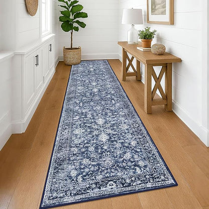 KILOCOCO Runner for Hallway 3x12 Runner Rug Printed Vintage Floral Washable Rug Kitchen Runners Soft Non-Slip Low Pile Hallway Runners Laundry Room Distressed Boho Rugs, Blue