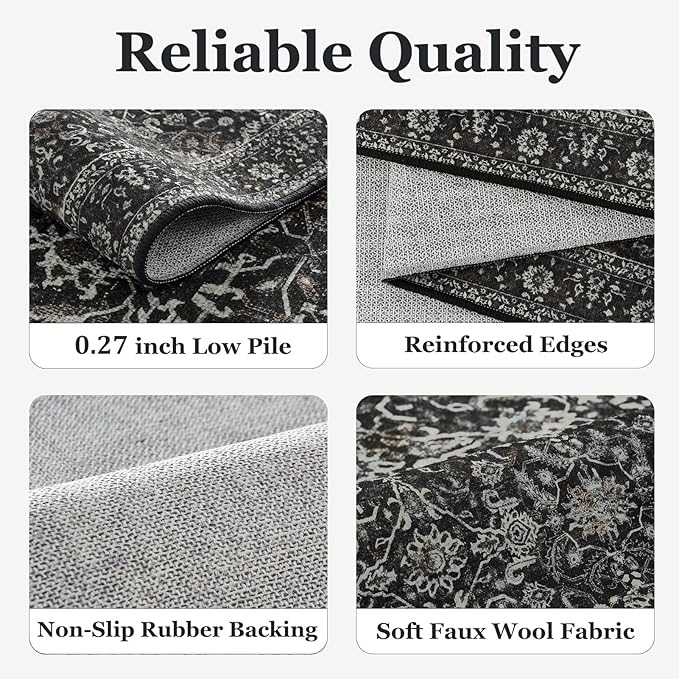 Charcoal Black Area Rug 6x9, Vintage Earth Tone Dark Rugs for Living Room Bedroom, Washable Non Slip Low Pile Thin Carpet Rug for Dining Room Guest Room Home Office