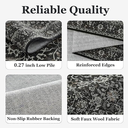 Charcoal Black Area Rug 6x9, Vintage Earth Tone Dark Rugs for Living Room Bedroom, Washable Non Slip Low Pile Thin Carpet Rug for Dining Room Guest Room Home Office