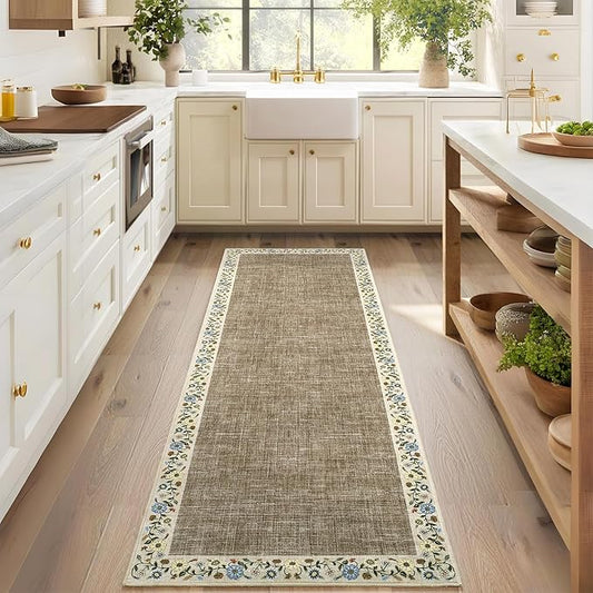 GarveeHome Entryway Rug 2x6 Modern Bordered Runner Rug Washable Kitchen Runners for Hallway Non-Slip Low-Pile Soft Carpet Floral Print Bathroom Mat for Bedroom Laundry Room, Dark Camel