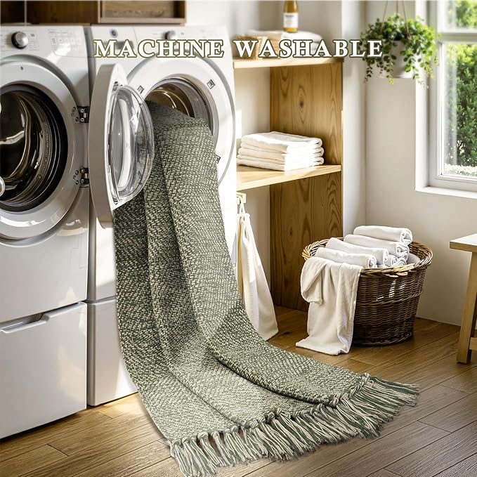 Collive Kitchen Runner Rug 2' x 4.3', Hand-Woven Cotton Reversible Washable Entryway Runner Rug, Natural/Green Farmhouse Bathroom Rug Modern Bedroom Carpet for Laundry Room Front Door Décor