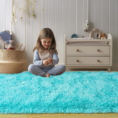 Soft Fluffy Area Rug for Bedroom, Teal Blue Fuzzy Shaggy Oval Throw Rugs for Bedside, Non-Slip Cozy Plush Shag Carpet for Kids Room Nursery Dorm Living Room, 2.6 x 5.3 Feet