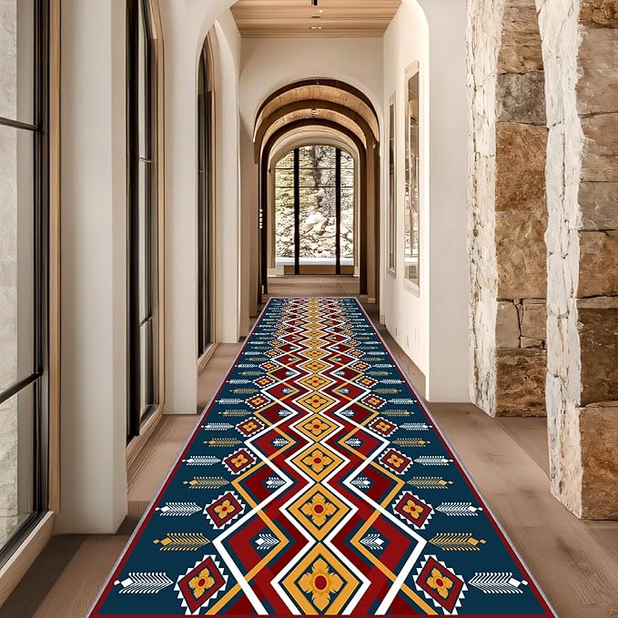 Dark Blue Runner Rug, 4x10ft Red Yello Diamond Hallway Decor Carpet, Corridor & Foyer Long Accent Rug, Entrance Non-Slip Mat Washable Rugs, Southwestern Stylish Home Decor Runner