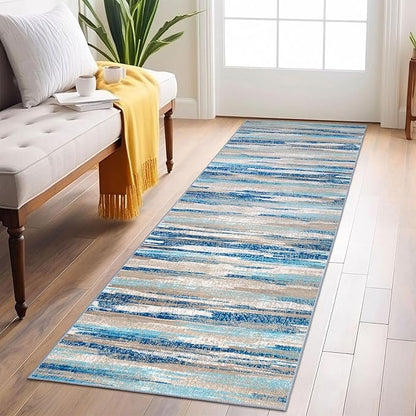 Abstract Runner Rug 2x6, Blue Washable Hallway Runner Rug Non-Slip, Soft Printed Kitchen Runner, Thin Faux Wool Runners for Hallways, Modern Floor Carpet for Entryway Bedroom Hall Indoor