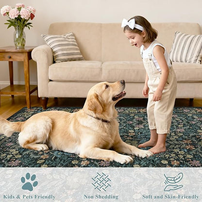 DUKINO 4x6 Rugs for Living Room, Lightweight Non Slip Washable Rug with Low Pile Design, Vintage Floral Non-Shedding Soft Carpet for Living Room, Bedroom, Farmhouse, Office, Bathroom, Blue