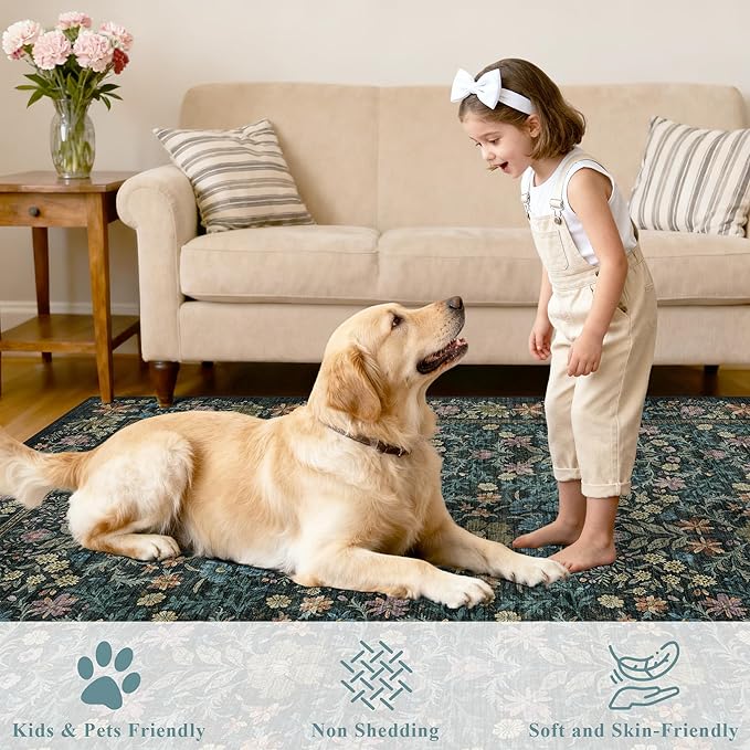 DUKINO 3x5 Area Rug, Vintage Floral Washable Rug for Bedroom with Non Slip Design, Soft Low Pile Indoor Small Carpet for Bedroom, Farmhouse, Living Room, Office, Bathroom, Blue