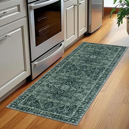 KOZYFLY Runners for Hallways 2x5 Ft Washable Kitchen Runner Rug Boho Runner Rug for Entryway Indoor Printed Oriental Faux Wool Floor Carpet Runner for Laundry Room Kitchen Hall, Dark Green