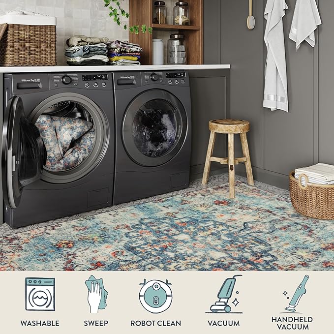 Lahome Bohemian Floral Medallion Area Rug - 2x3 Vintage Teal Distressed Small Entryway Rug Turkish Doormat Faux Wool Non-Slip Washable Low-Pile Carpet for Bathroom Kitchen Laundry Room Decor
