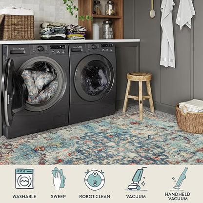 Lahome Bohemian Floral Medallion Area Rug - 2x3 Vintage Teal Distressed Small Entryway Rug Turkish Doormat Faux Wool Non-Slip Washable Low-Pile Carpet for Bathroom Kitchen Laundry Room Decor