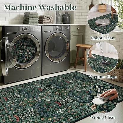 8x10 Area Rugs Living Room Rug - Floral Vintage Forest Washable Carpet, Low Pile Non-Slip Stain Resistance Boho Soft Large Carpet for Bedroom, Dining Room, Office, Farmhouse (8'x10' Dark Green)
